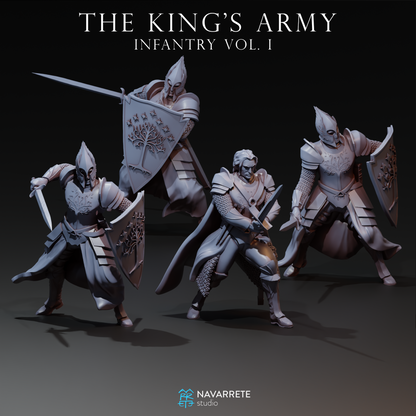 Detailed Tattles Told 3D Army of the King infantry tabletop gaming miniature by Navarrete Studio, showing armored soldier with weapon.