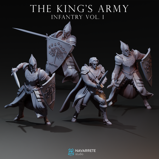 Detailed Tattles Told 3D Army of the King infantry tabletop gaming miniature by Navarrete Studio, showing armored soldier with weapon.