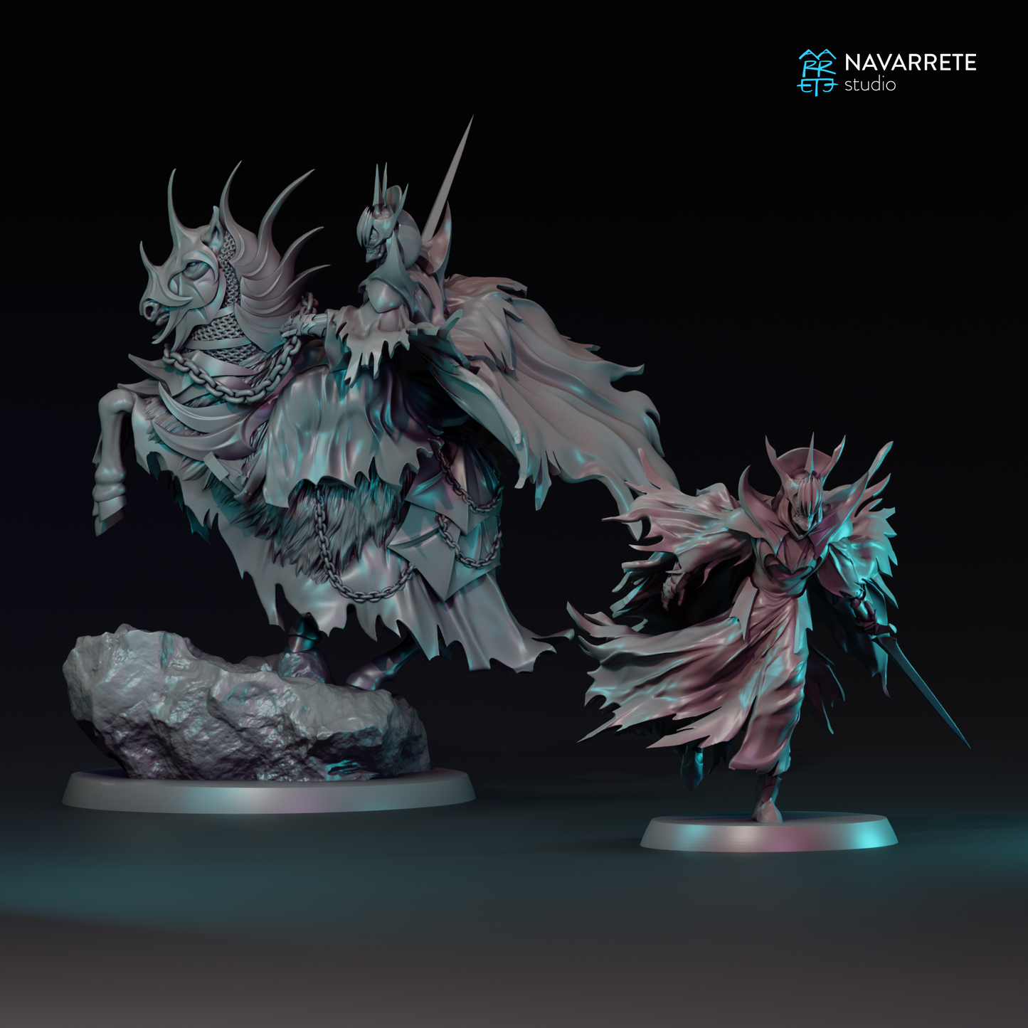 Black Herald tabletop gaming miniature by Tattles Told 3D, featuring detailed figure with dark armor and weapon, on a gaming base.