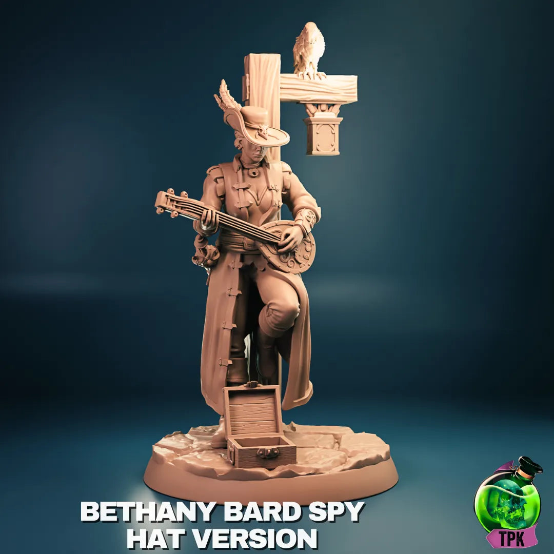 Tattles Told 3D Bethany Vigilant Bard Spy tabletop miniature figure for gaming or display, shown in detailed close-up.