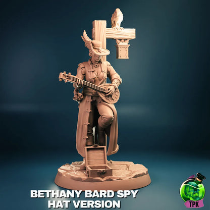 Tattles Told 3D Bethany Vigilant Bard Spy tabletop miniature figure for gaming or display, shown in detailed close-up.