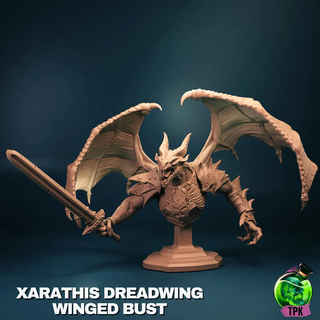 Tattles Told 3D Xarathis Dreadwing miniature for tabletop gaming, showcasing detailed dragon figure on a display stand