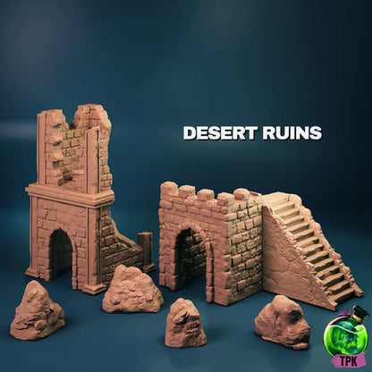 Detailed miniature of desert stones ruins terrain for tabletop gaming by Tattles Told 3D, featuring weathered stone structures and ruins.