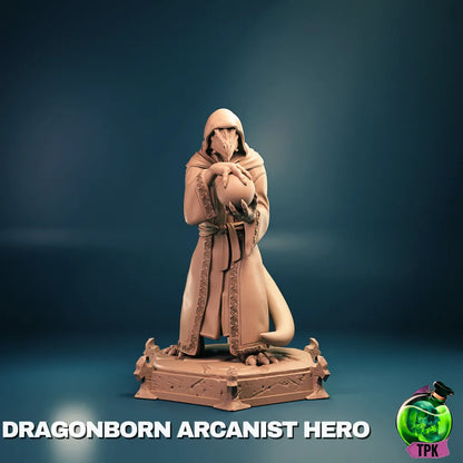 Dragonborn Arcanist miniature from Tattles Told 3D, tabletop gaming figure with detailed armor and arcane staff, suitable for display or gameplay.