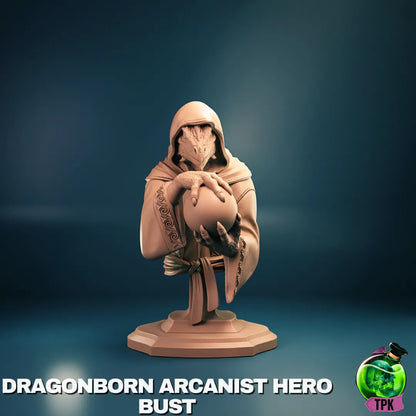 Dragonborn Arcanist miniature by Tattles Told 3D, tabletop gaming figure showcasing a detailed dragonborn character with arcane staff.