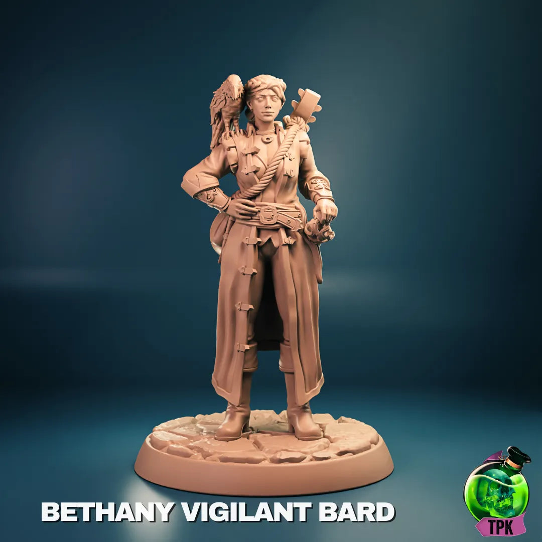 Bethany Vigilant Bard Spy miniature by Tattles Told 3D, detailed tabletop gaming figure for display or gaming sessions.