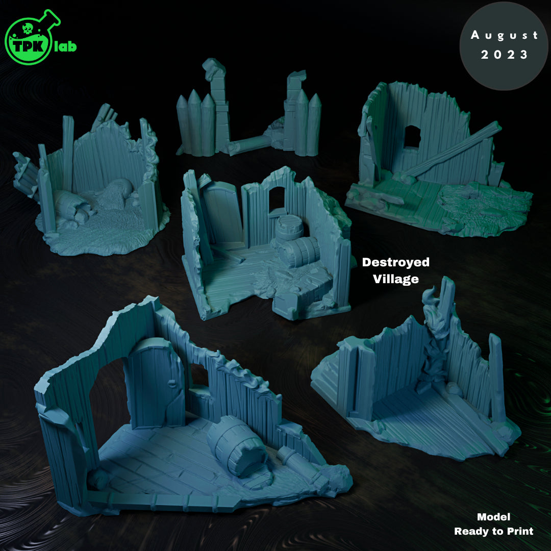 Destroyed Village Terrain | Tabletop Gaming Mini | TPKLab - Tattles Told 3D