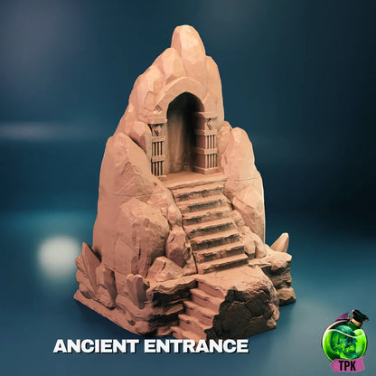 Detailed miniature of an ancient entrance terrain piece for tabletop gaming by Tattles Told 3D, featuring stone archways and aged textures.