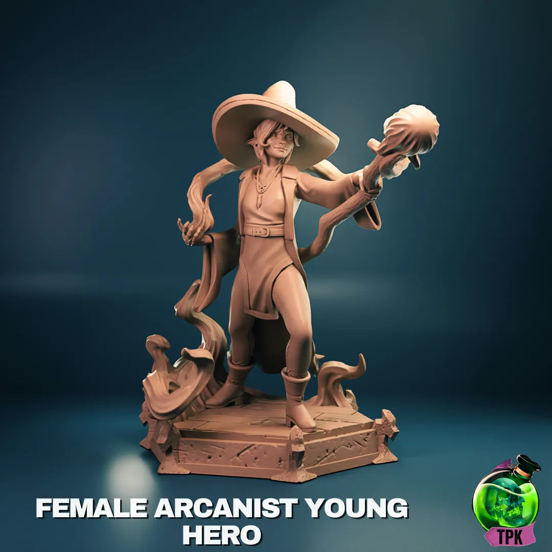 Female young arcanist miniature by Tattles Told 3D, tabletop gaming figure, detailed fantasy character with robes and magical staff