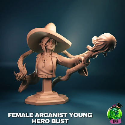 Female young arcanist miniature from Tattles Told 3D, tabletop gaming figure with detailed robes and magical staff.