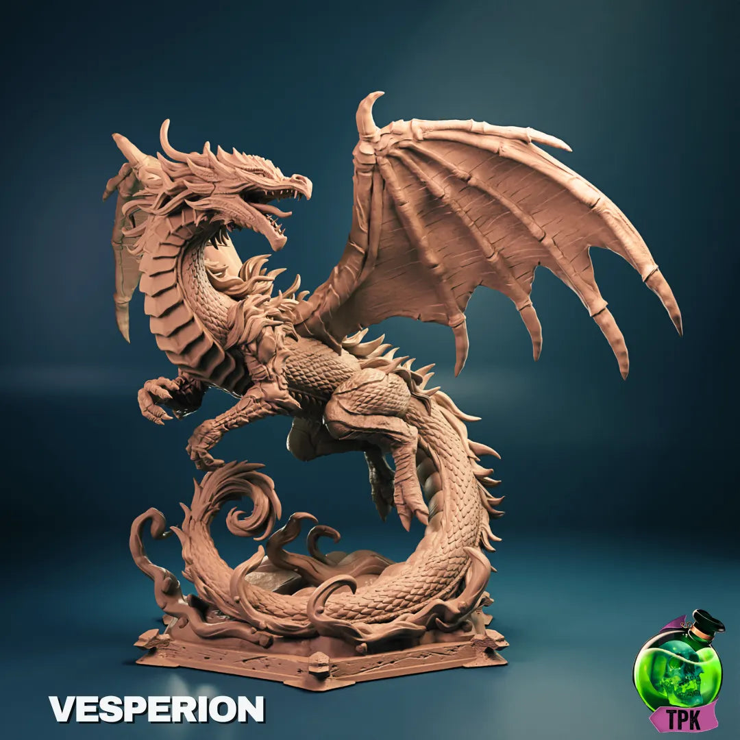Tattles Told 3D Vesperion Dragon tabletop gaming miniature on a display base, detailed fantasy creature for role-playing games.