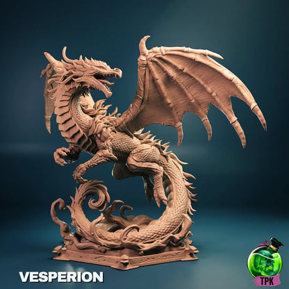 Tattles Told 3D Vesperion Dragon tabletop gaming miniature on a display base, detailed fantasy creature for role-playing games.