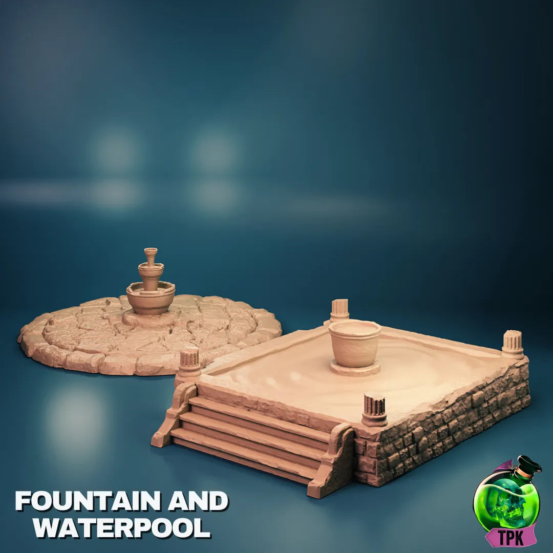 Tattles Told 3D miniature fountain and water pool terrain for tabletop gaming, featuring detailed water and stone textures.