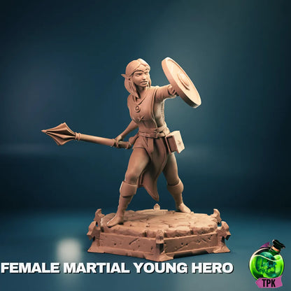 Female young martial arts miniature figure by Tattles Told 3D for tabletop gaming or display, featuring a dynamic pose and detailed sculpting.