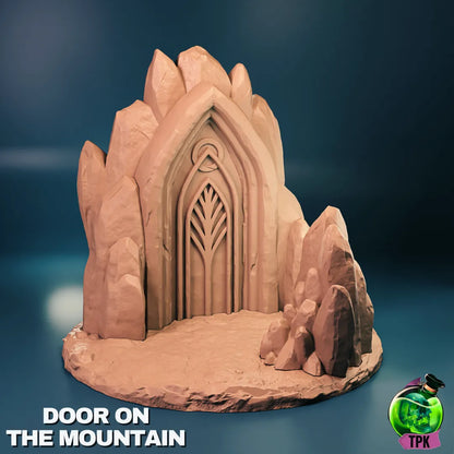 Detailed Tattles Told 3D miniature door on mountain terrain for tabletop gaming, featuring realistic stone and wooden textures.