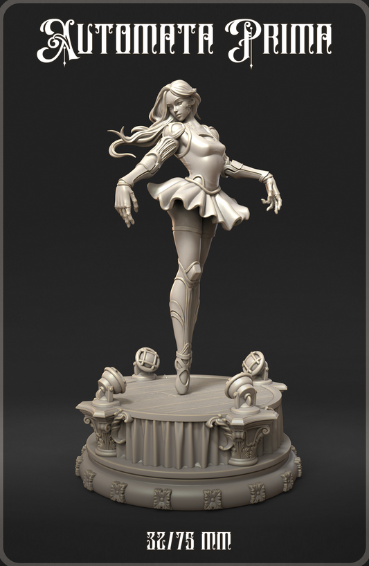 Gray miniature figurine of a doll-like woman on a pedestal.