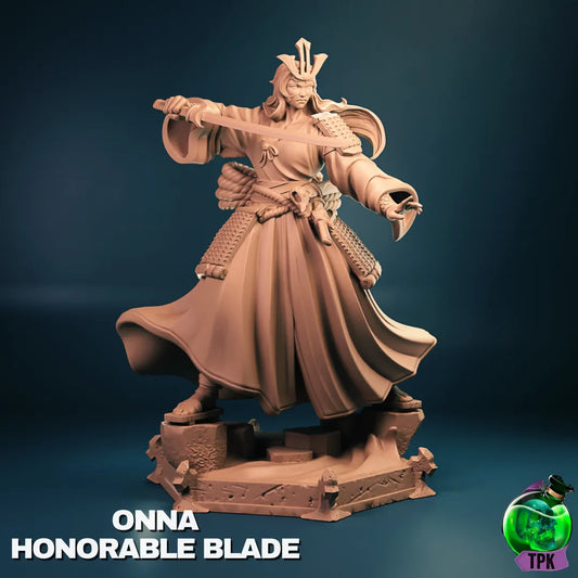 Onna Honorable Blade miniature figure from Tattles Told 3D, tabletop gaming mini or display figure, detailed fantasy character.