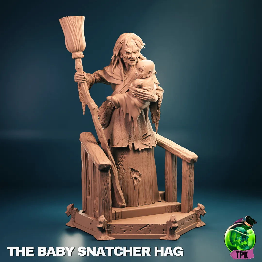 Tattles Told 3D Baby Snatcher Hag miniature tabletop gaming figure, detailed display of creepy hag figure on dark base