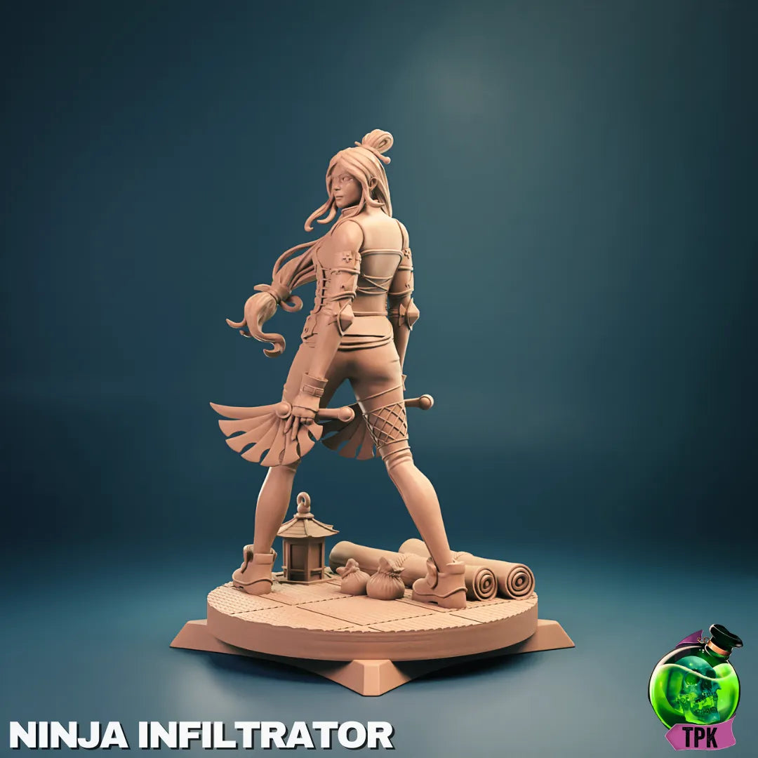 Detailed image of the Ninja Infiltrator miniature from Tattles Told 3D, a tabletop gaming figure with stealthy ninja attire.