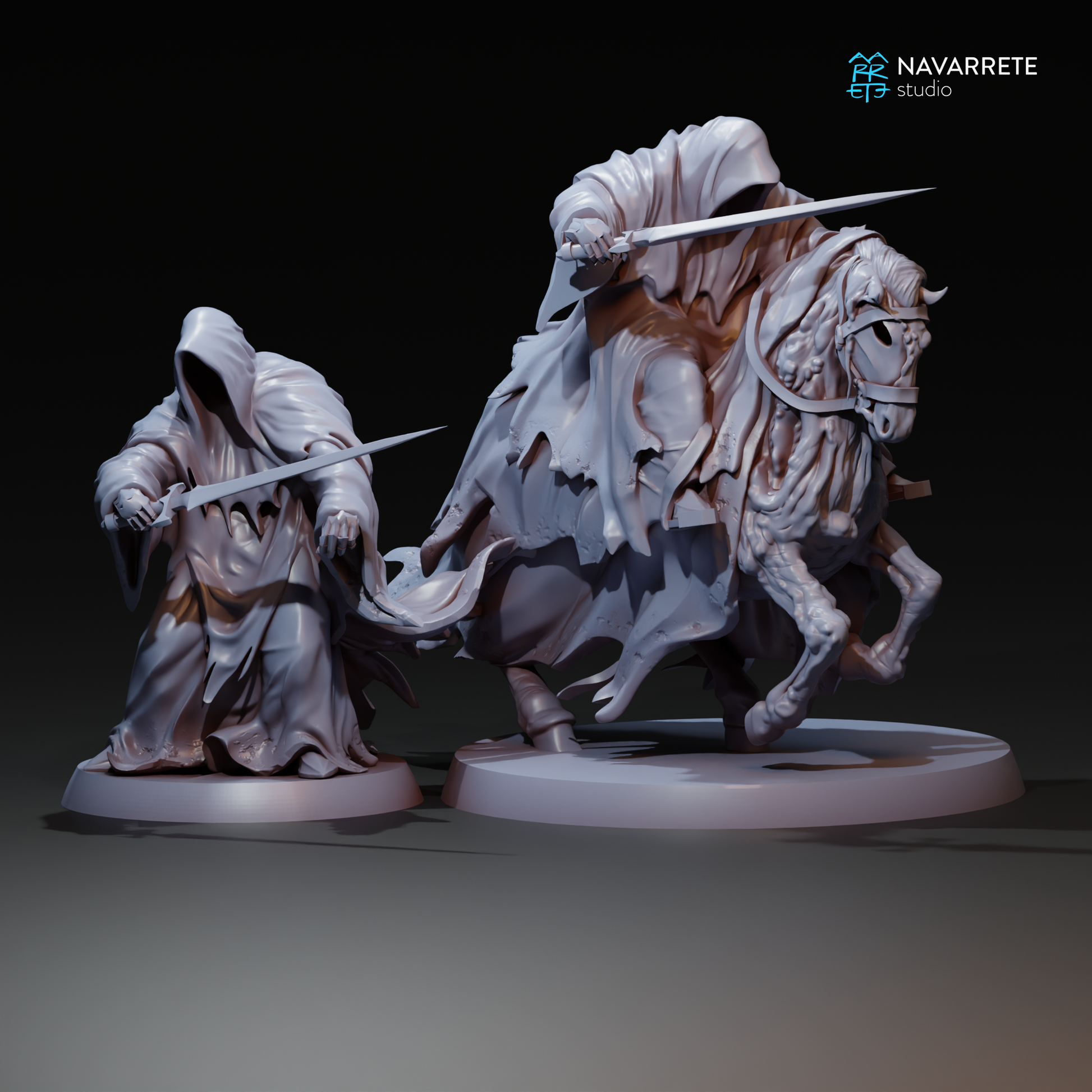 Detailed Tattles Told 3D tabletop gaming miniature of Navarrete Studio's The Corrupted character, painted with intricate armor and weapons.