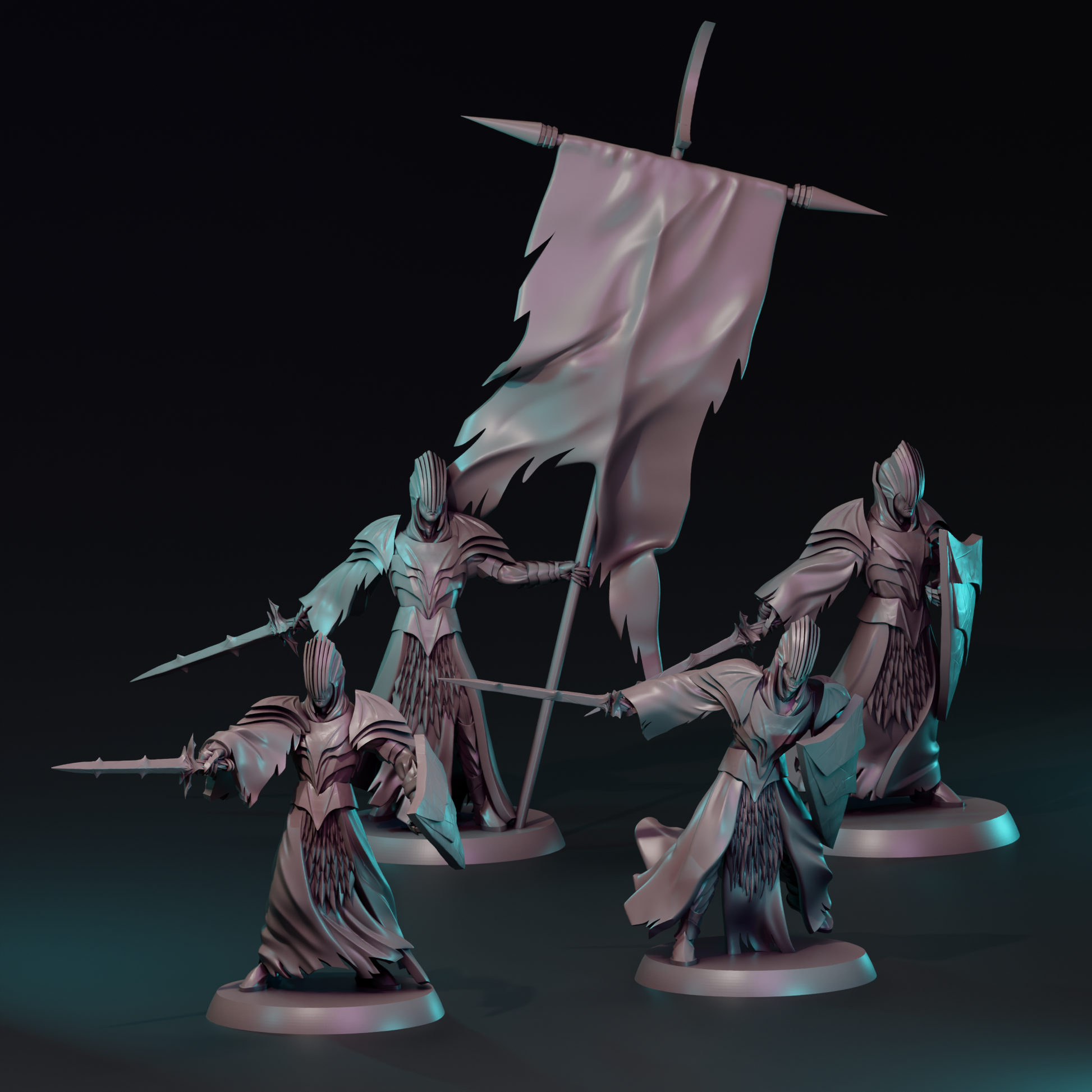 Shadowborn Knights Infantry miniature from Tattles Told 3D, detailed tabletop gaming figure with armor and weaponry.