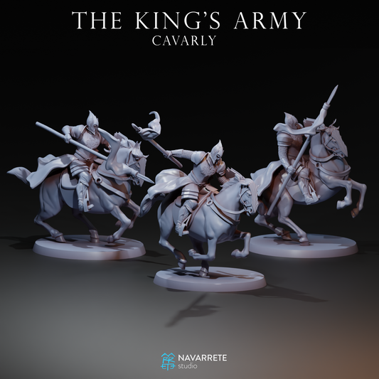 Detailed image of The King's Army Cavalry miniature by Tattles Told 3D, featuring a mounted soldier in medieval armor for tabletop gaming.