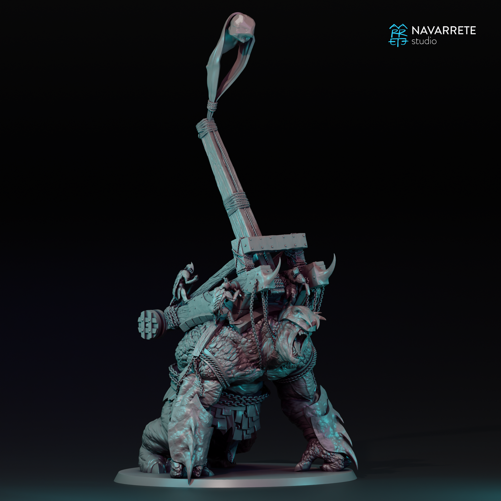 Tattles Told 3D Catapult War Beast tabletop gaming miniature by Navarrete Studio, detailed model with armor and weaponry.