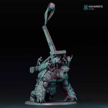 Tattles Told 3D Catapult War Beast tabletop gaming miniature by Navarrete Studio, detailed model with armor and weaponry.