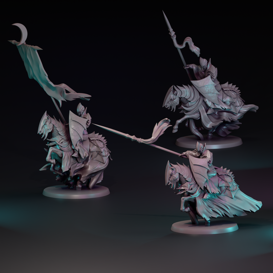 Shadowborn Knights Cavalry miniature by Tattles Told 3D, featuring detailed armored knights on horseback for tabletop gaming.