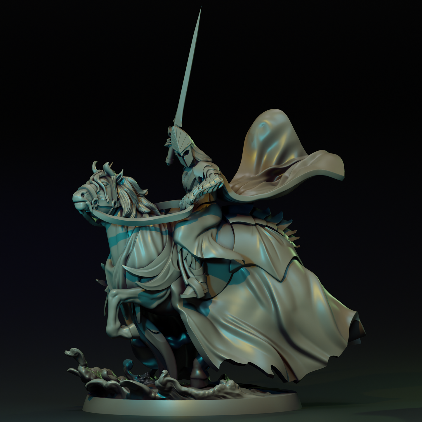 Detailed miniature of The Knight of the Seas from Tattles Told 3D, featuring a regal knight in armor with a sword and shield.