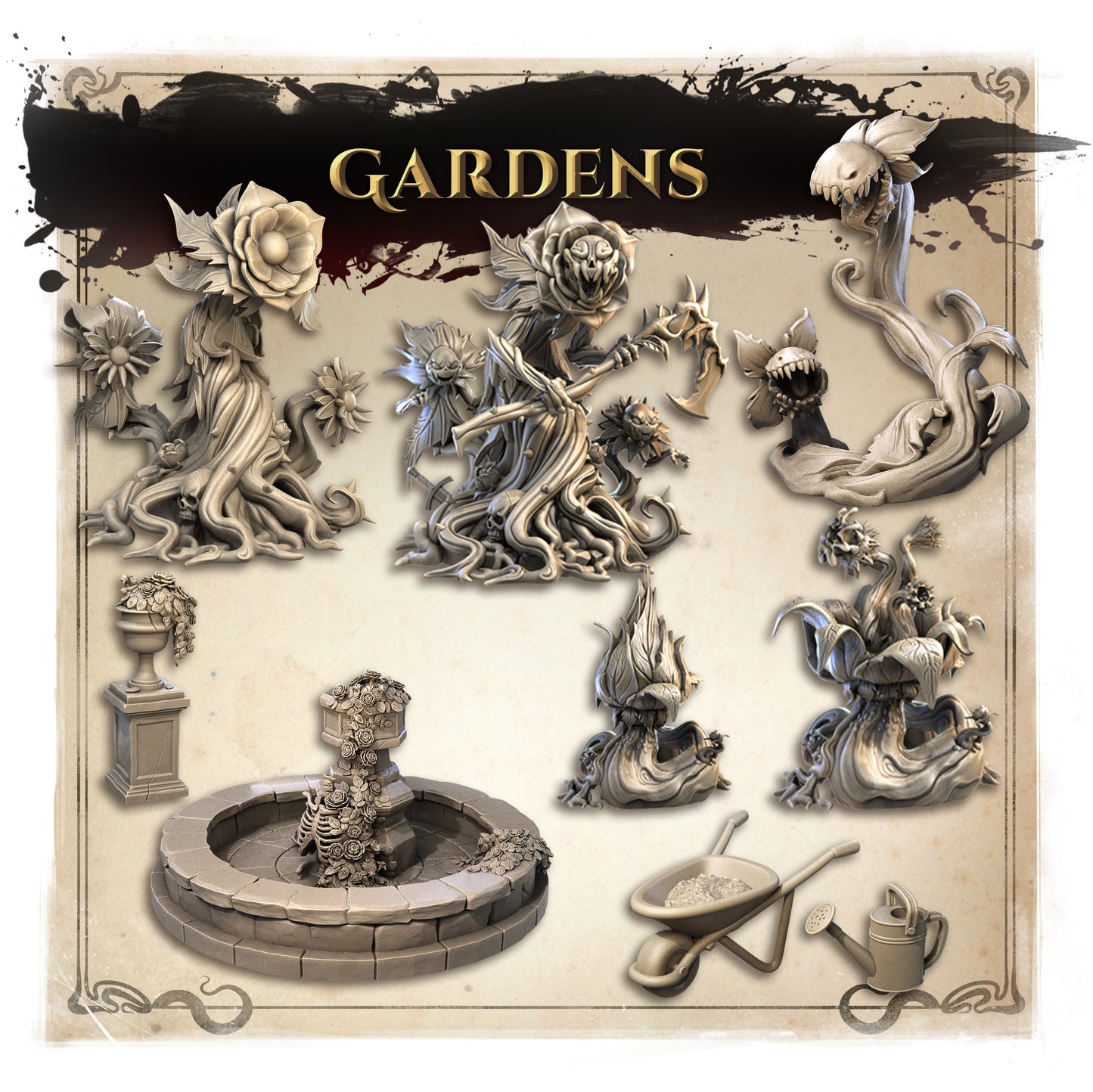 Wicked Hills Asylum Garden Set, Creepy, Halloween | D&D TTRPG Miniature | Great Grimoire