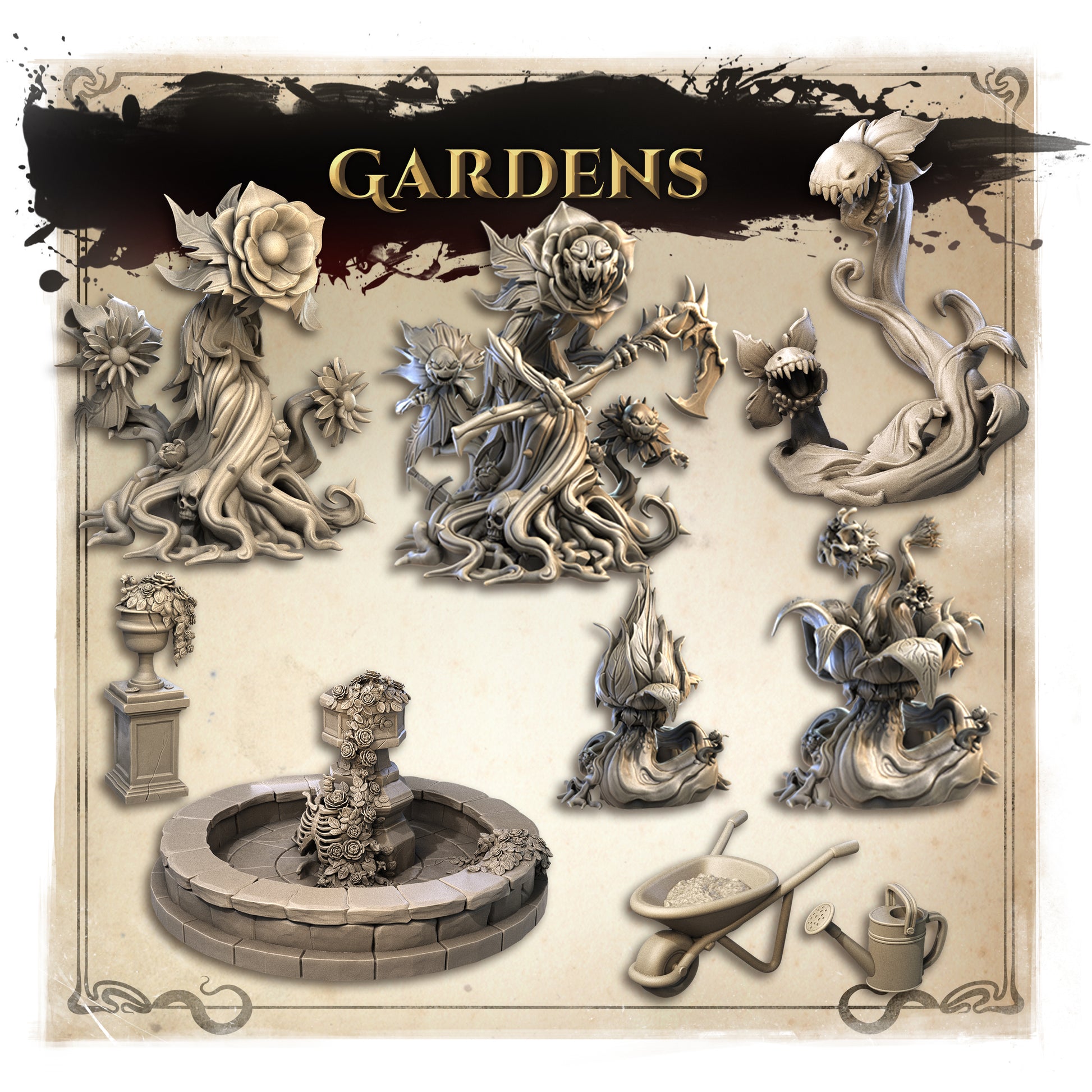 Wicked Hills Asylum Garden Set, Creepy, Halloween | D&D TTRPG Miniature | Great Grimoire