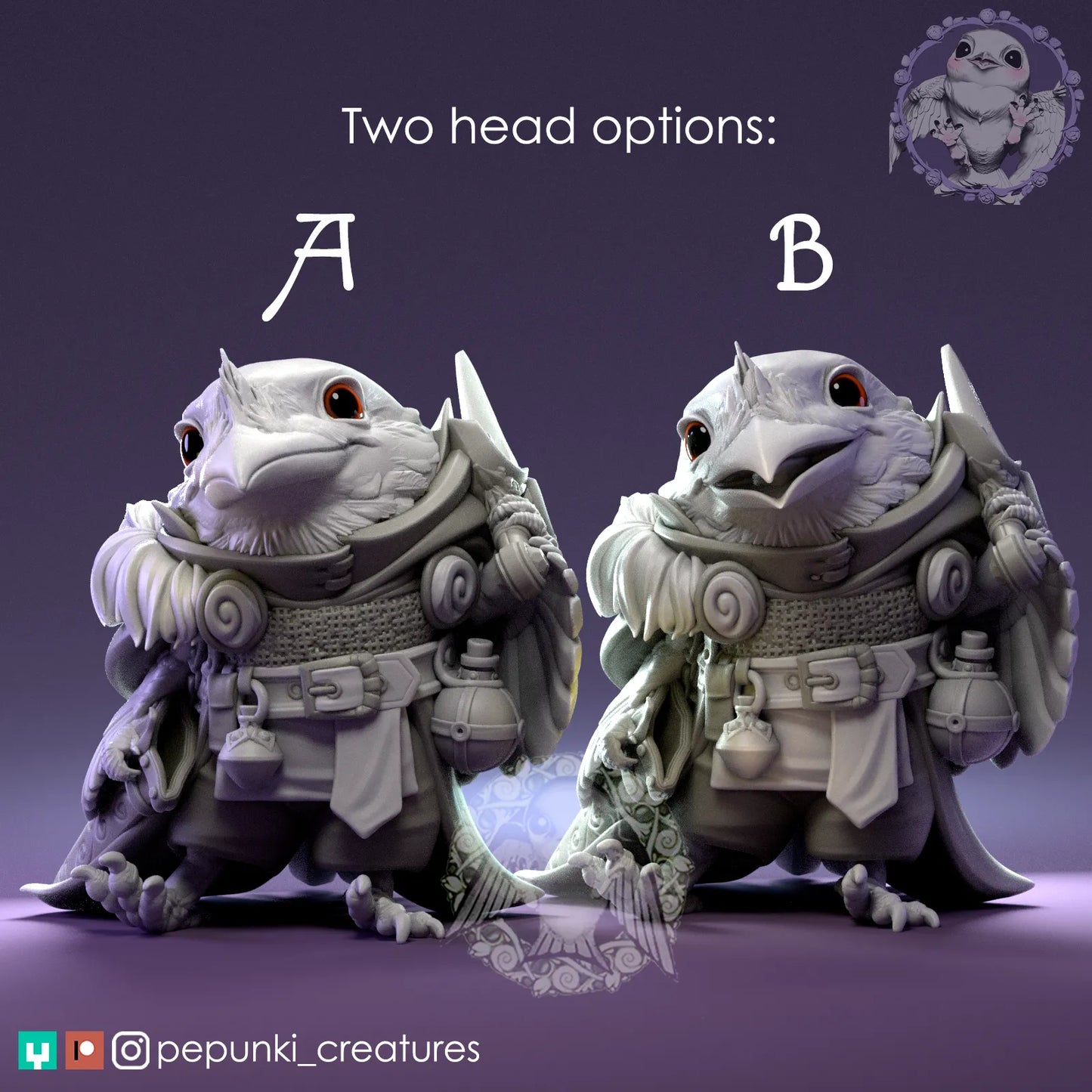 Frogmouth Paladin | Tabletop or Display Scale | D&D Humblewood TTRPG Miniature | Pepunki Creatures