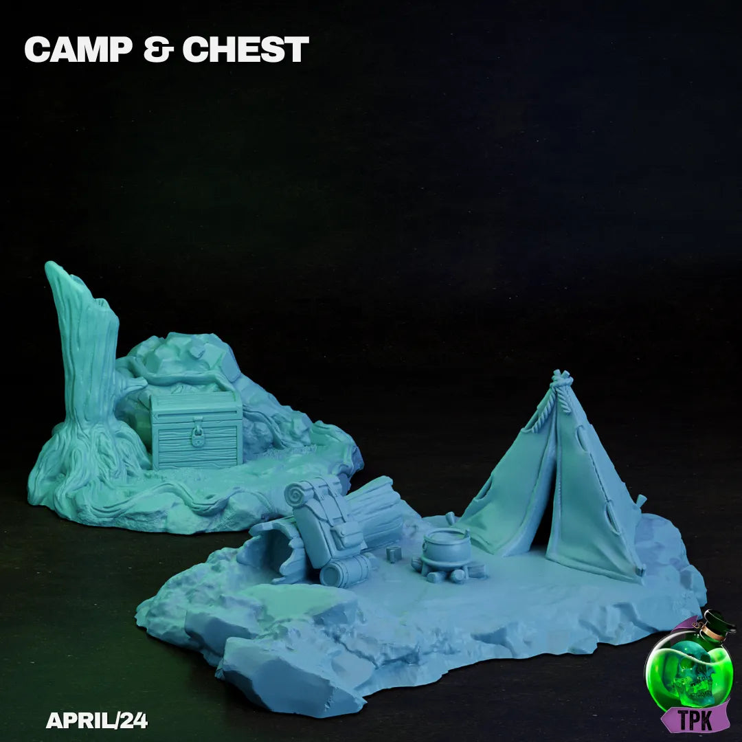 Tattles Told 3D Camp and Chest Terrain miniature for tabletop gaming, detailed 3D-printed camping scene for TPKLab.