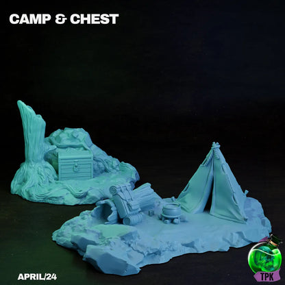 Tattles Told 3D Camp and Chest Terrain miniature for tabletop gaming, detailed 3D-printed camping scene for TPKLab.