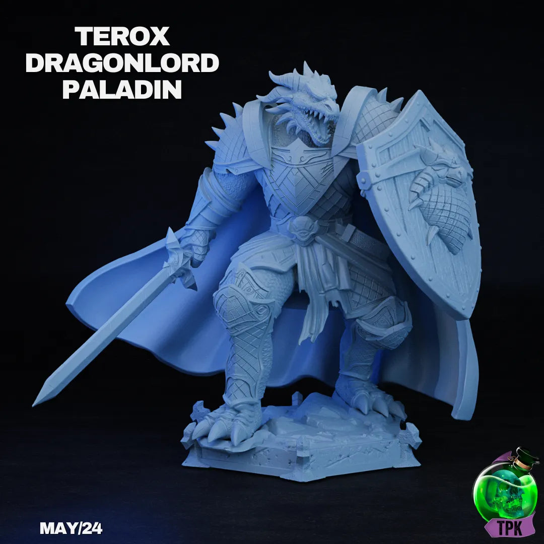 Dragonborn Paladin miniature from Tattles Told 3D, showcasing a detailed tabletop gaming figure with armor and weaponry.