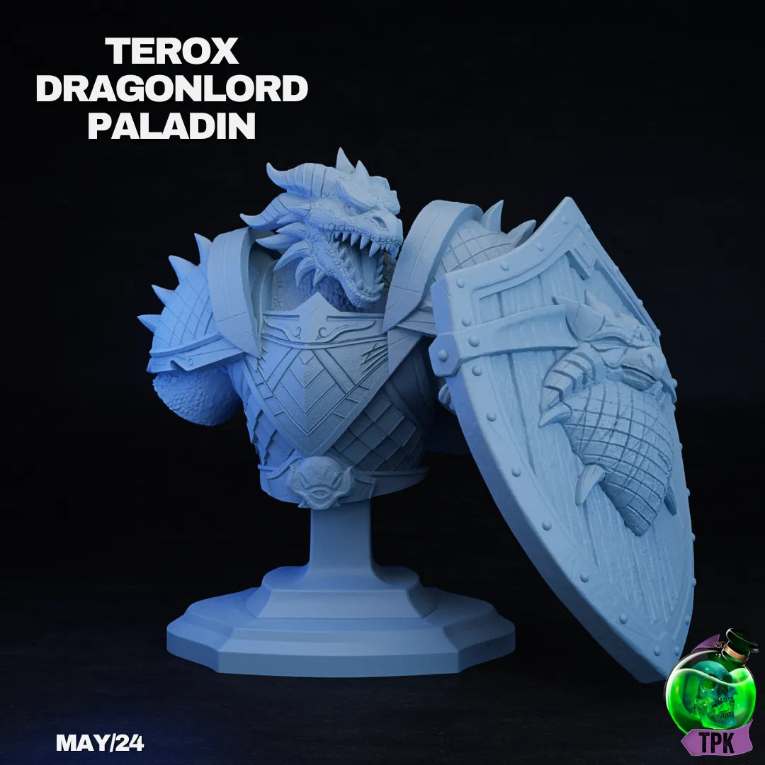 Dragonborn Paladin Terox miniature from Tattles Told 3D, detailed tabletop gaming figure with armor and sword, on a display base.