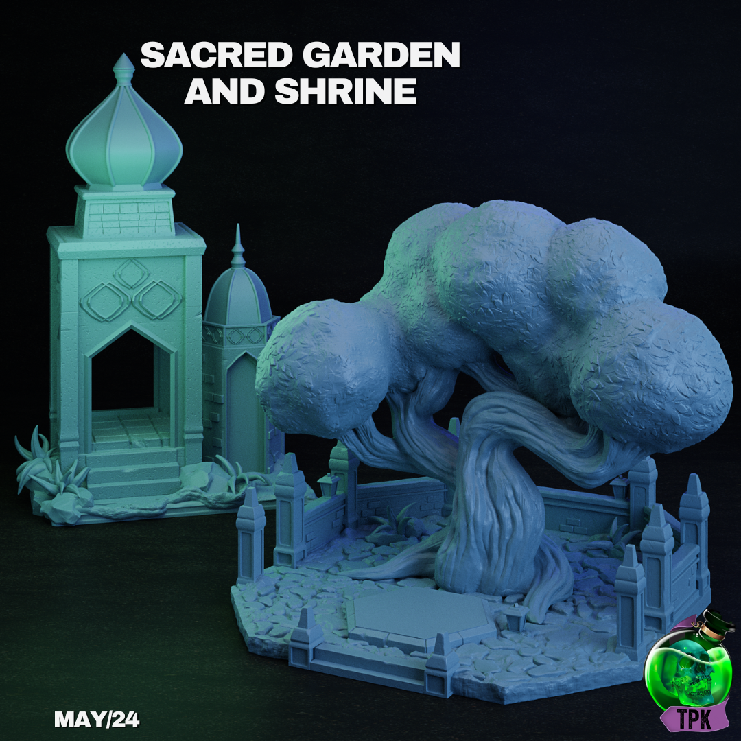 Tattles Told 3D Sacred Garden and Shrine Terrain miniature for tabletop gaming, featuring detailed garden and shrine scene.