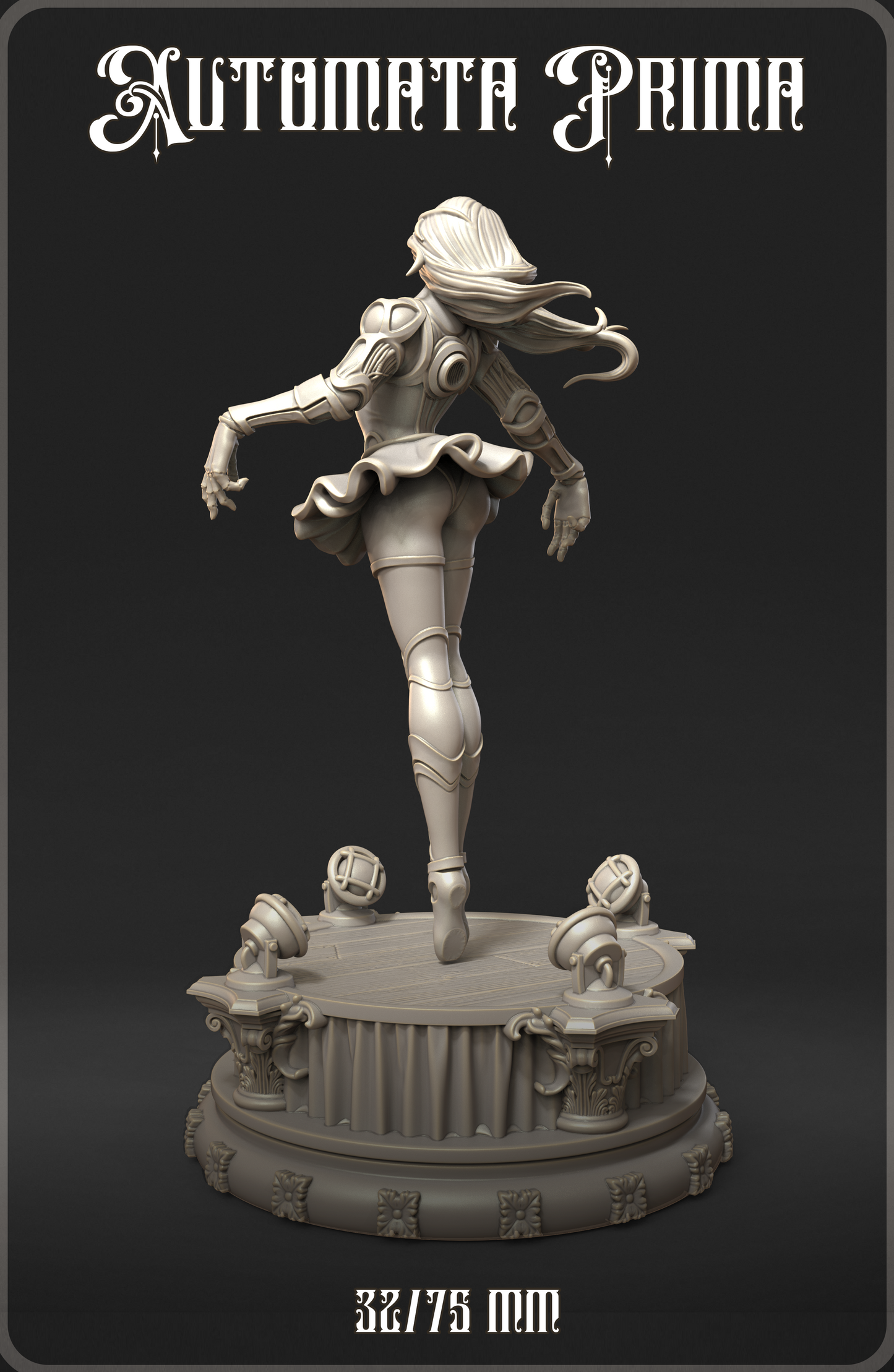 Gray miniature figurine of a doll-like woman on a pedestal.