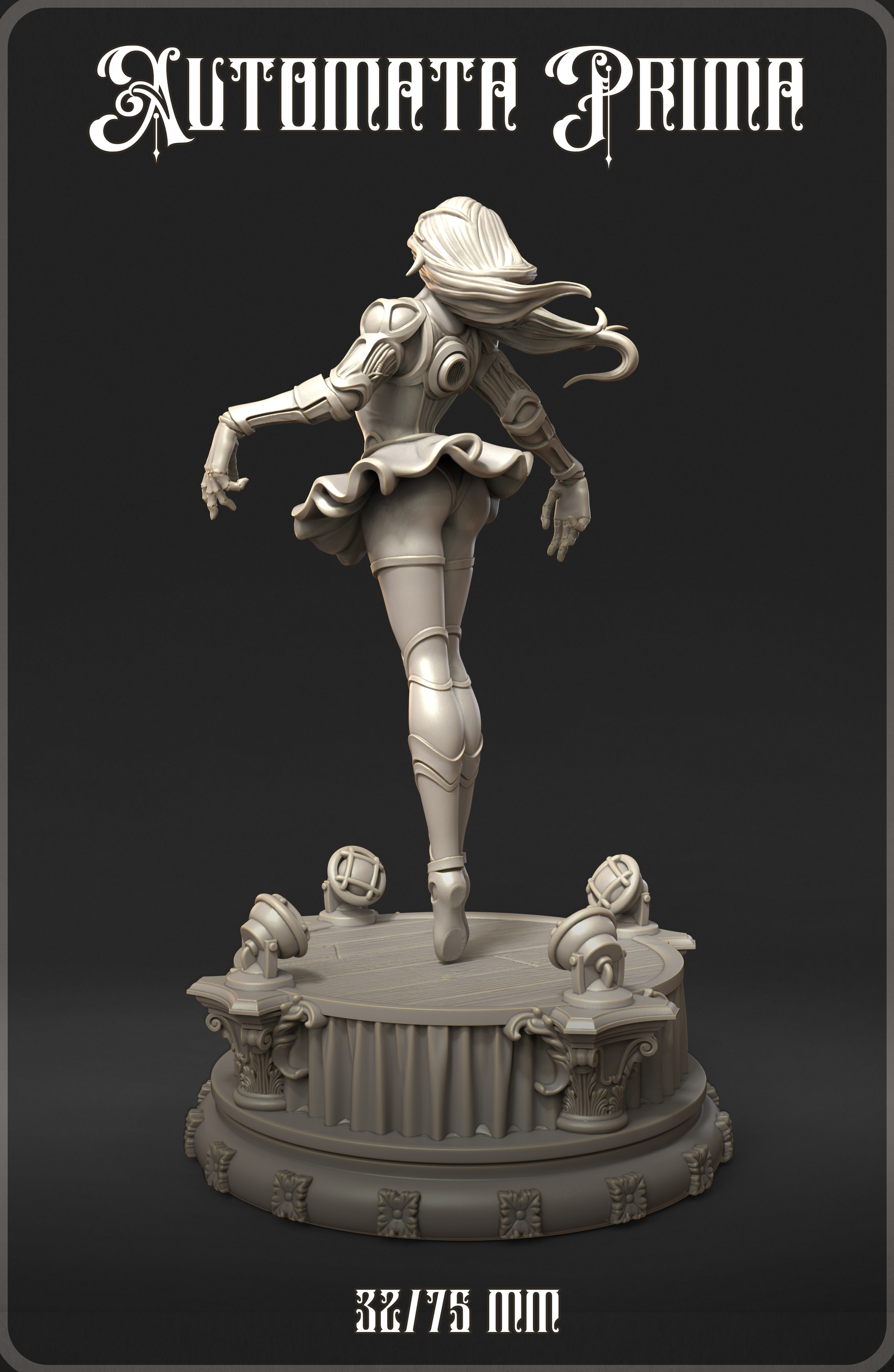 Gray miniature figurine of a doll-like woman on a pedestal.