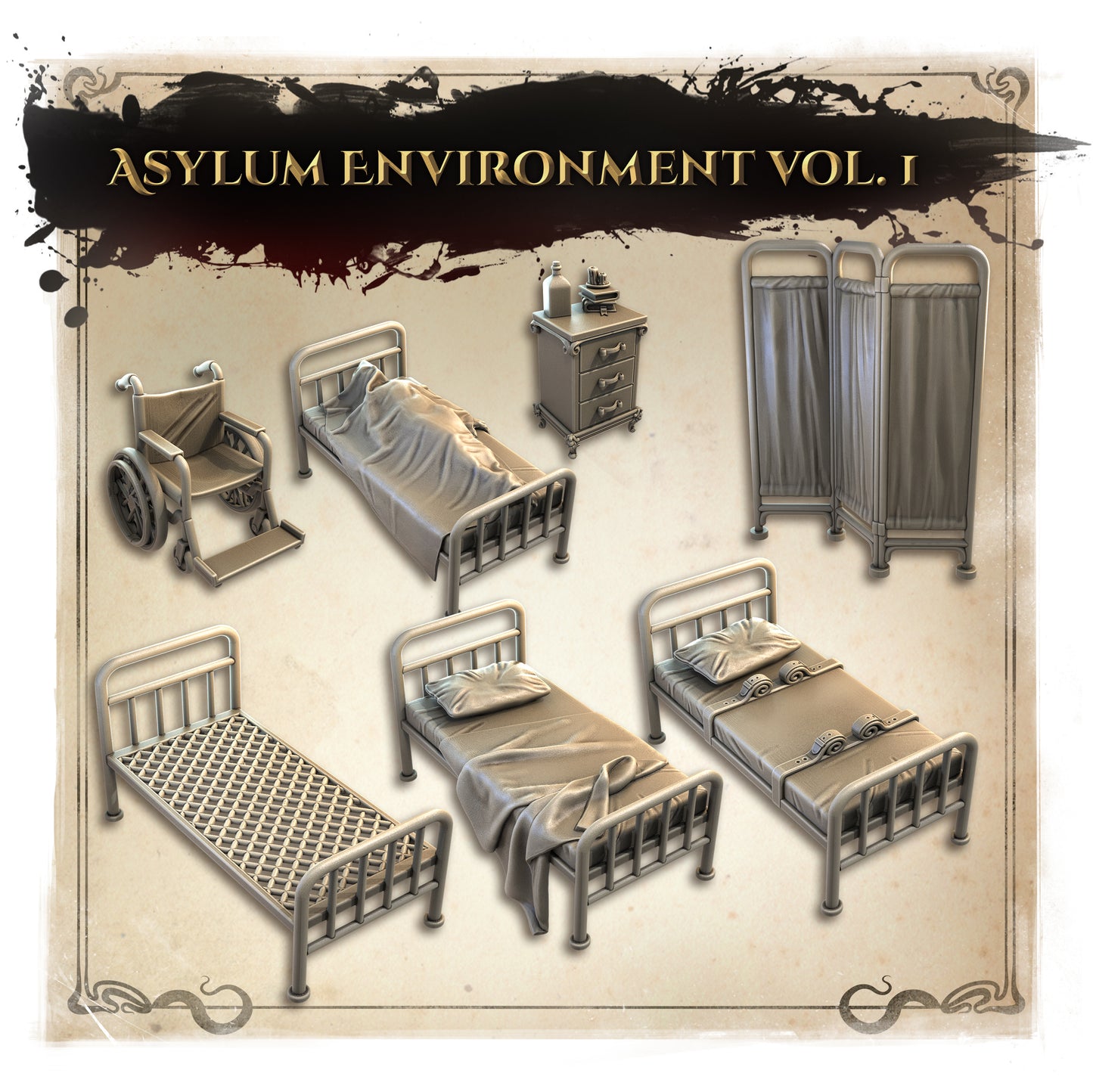 Wicked Hills Asylum Interior Environment, Scatter Sets, Beds, Equipment, Creepy, Halloween | D&D TTRPG Miniature | Great Grimoire