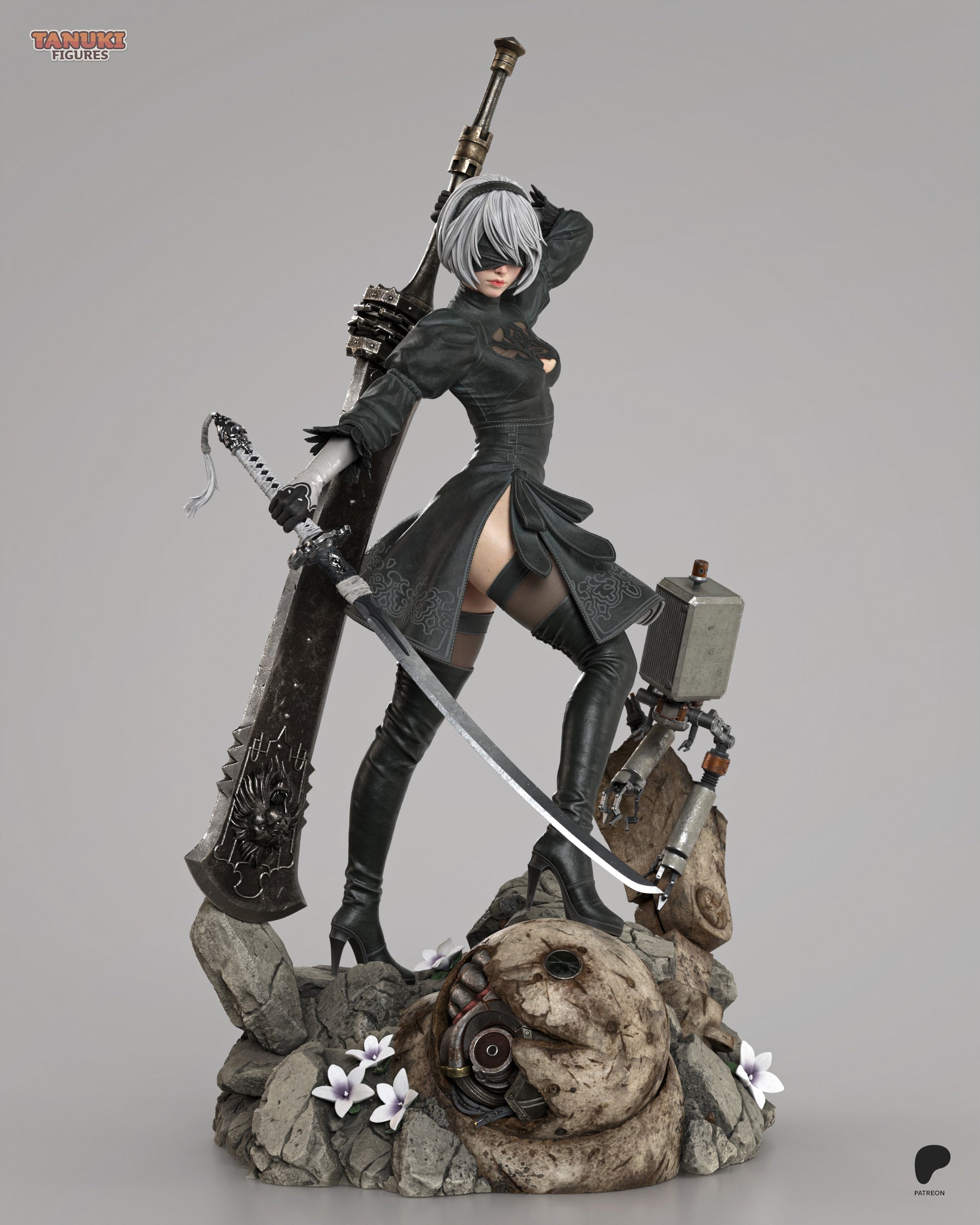Resin garage kit figure of Blade Dancer Android by Tattles Told 3D, showcasing intricate fan art design and detailed tanuki features.