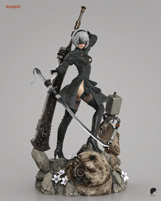 Resin garage kit figure of Blade Dancer Android by Tattles Told 3D, showcasing intricate fan art design and detailed tanuki features.