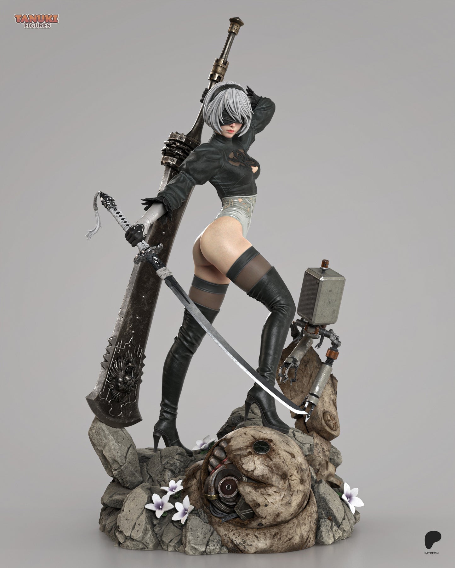 Resin garage kit figure of Blade Dancer Android by Tattles Told 3D, featuring detailed Tanuki-inspired design and vibrant colors.