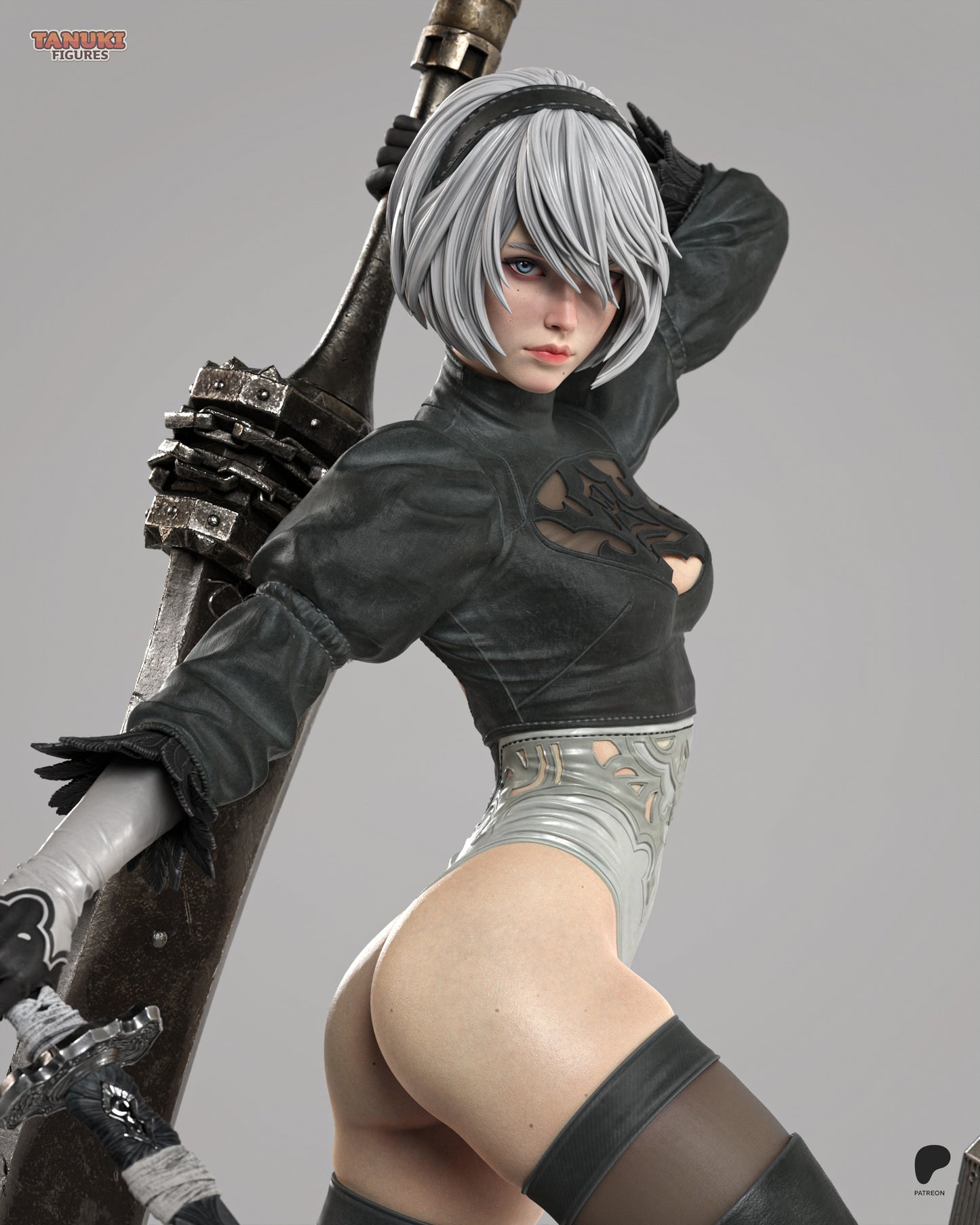 Resin garage kit figure of Blade Dancer Android by Tattles Told 3D, featuring a tanuki-inspired design with detailed craftsmanship.