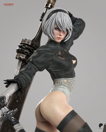 Resin garage kit figure of Blade Dancer Android by Tattles Told 3D, featuring a tanuki-inspired design with detailed craftsmanship.