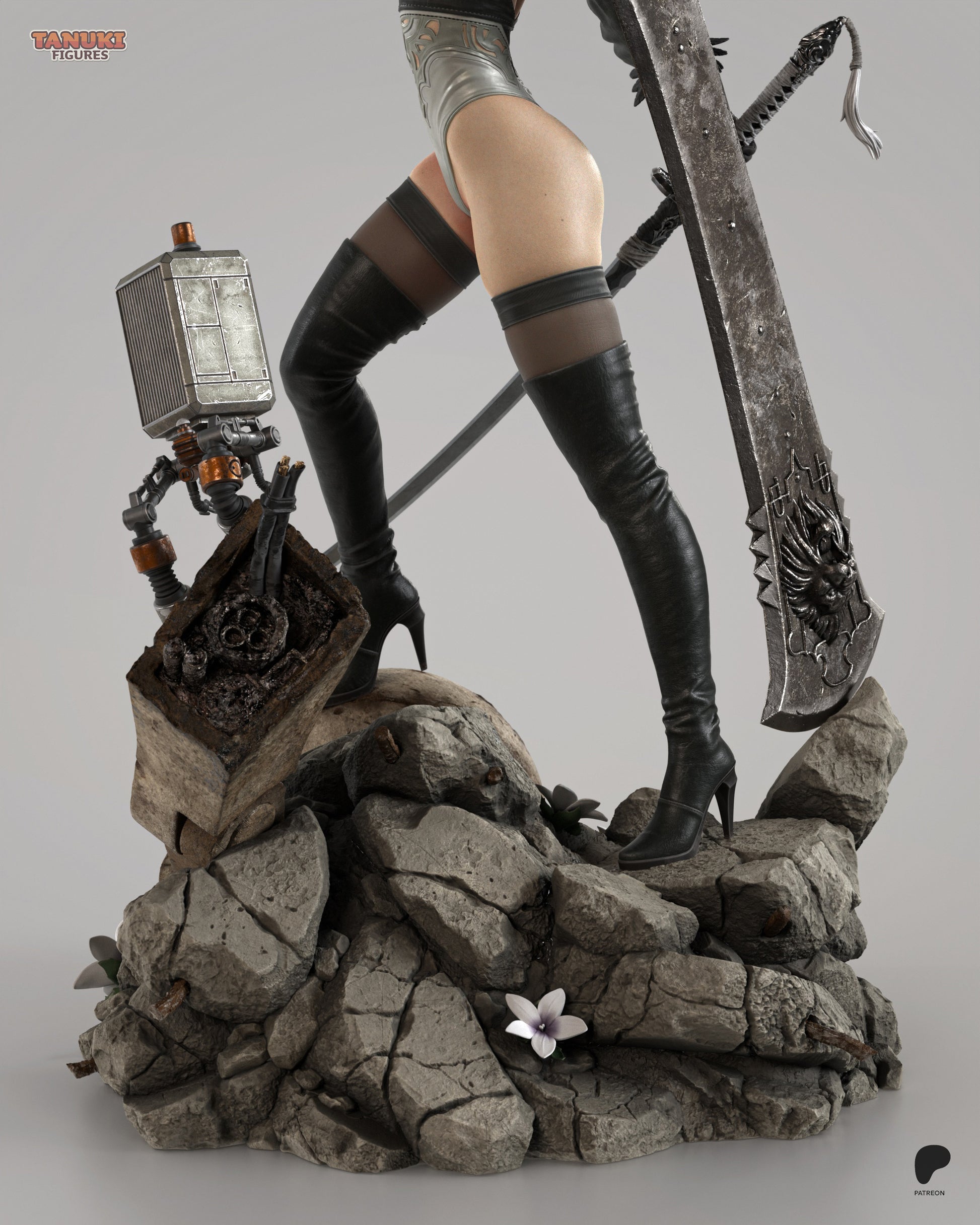 Resin garage kit figure of Blade Dancer Android by Tattles Told 3D, featuring detailed fan art design and tanuki-inspired elements.