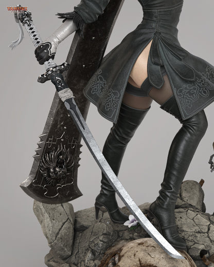 Resin garage kit figure of Blade Dancer Android by Tattles Told 3D, featuring a tanuki-themed robot in dynamic pose.