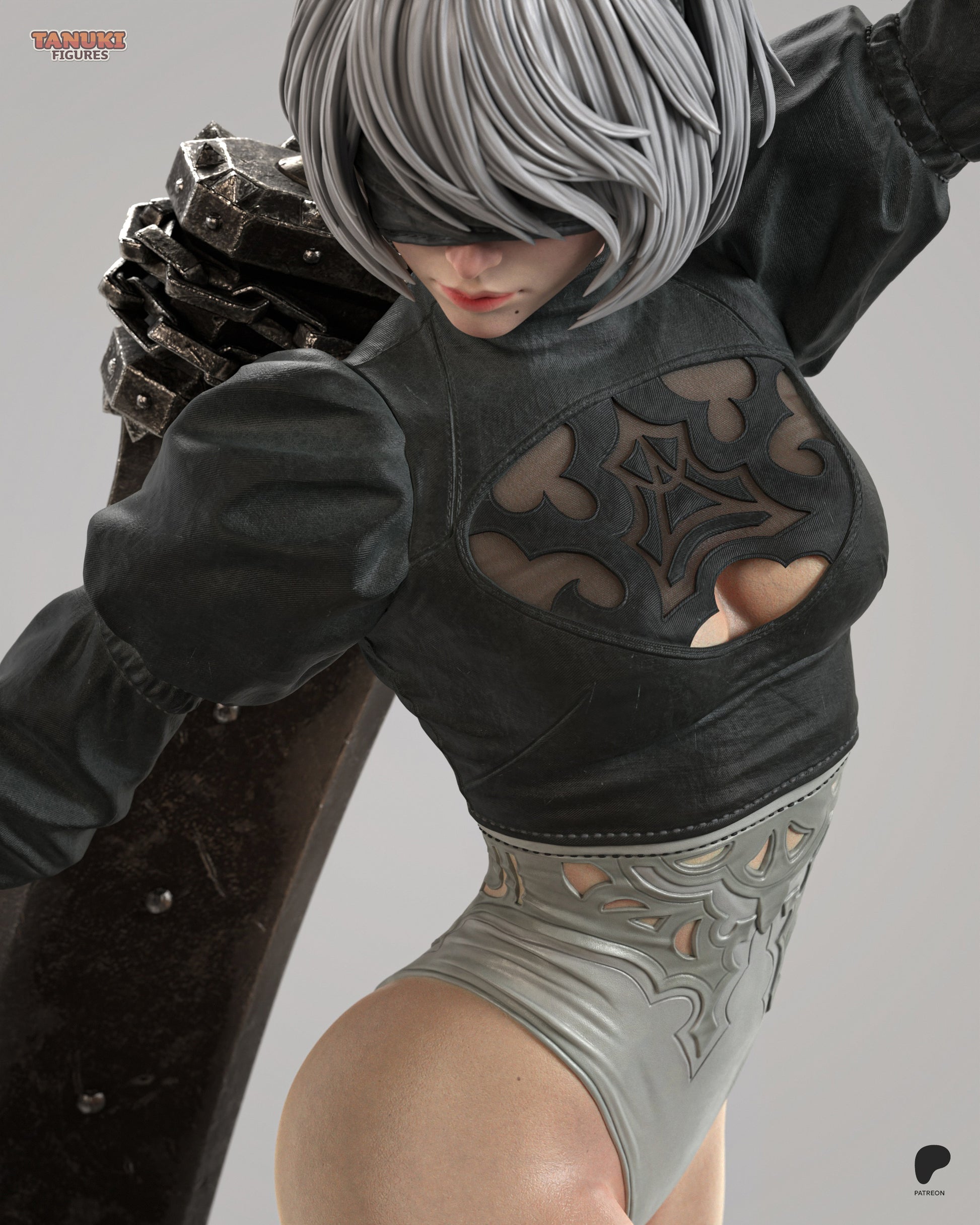 Resin garage kit figure of Blade Dancer Android by Tattles Told 3D, featuring a tanuki-inspired design and detailed fan art craftsmanship.