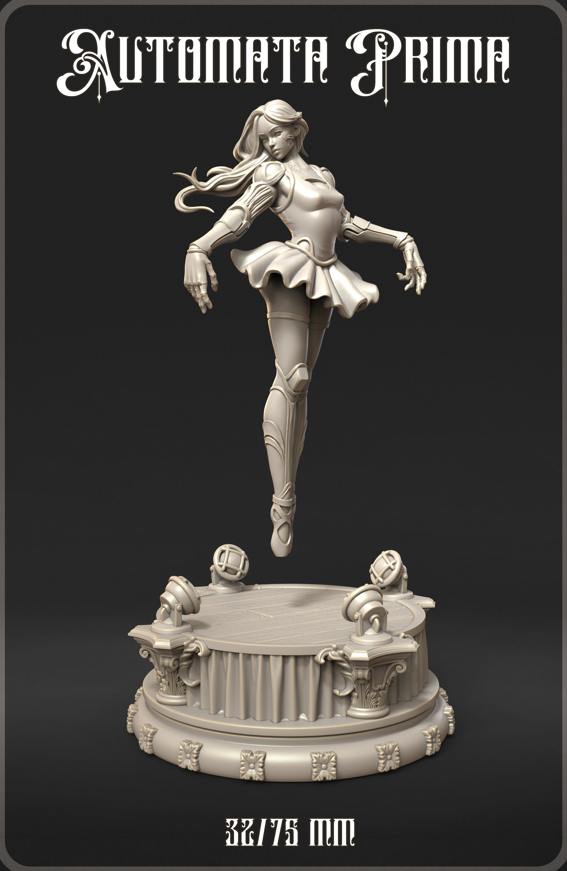 Statue of a ballerina in mid-air on a pedestal.